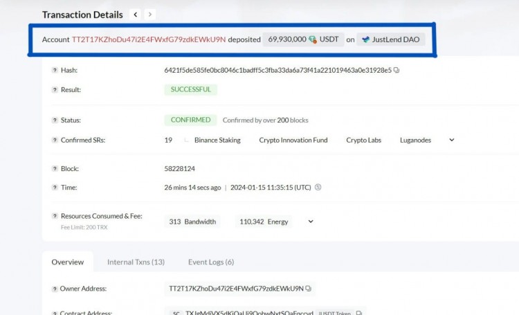 69,930,000 USDT轉至波場JustLendDAO