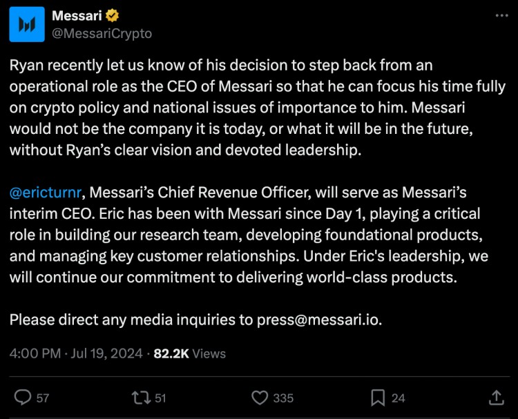 Ryan Selkis 在 Twitter 上發表離奇言論后辭去 Messari 首席執行官一職